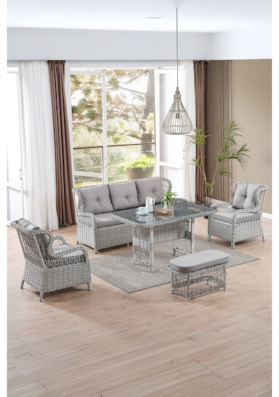 Paris Rattan Puflu Bahçe Balkon Takımı 3+1+1 Cam Masalı Gri