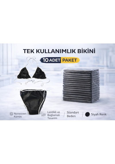 Tek Kullanımlık Bikini 10 Adet Nonwoven Kumaş Siyah Lastikli Standart Beden