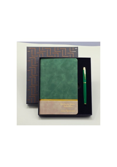 3 Adet Premium Öğretmenler Günü Hediye Seti Siyah Gold Desenli Kutu, Yeşil Deri Defter Ve Metal Kalem Seti, Notebook Pen Gift, Kurumsal Hediye