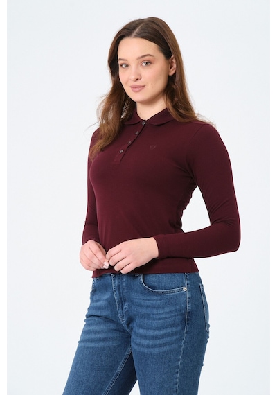 Msw Kadın Uzun Kollu Regular Fit Polo Yaka T-shirt Koyu Bordo