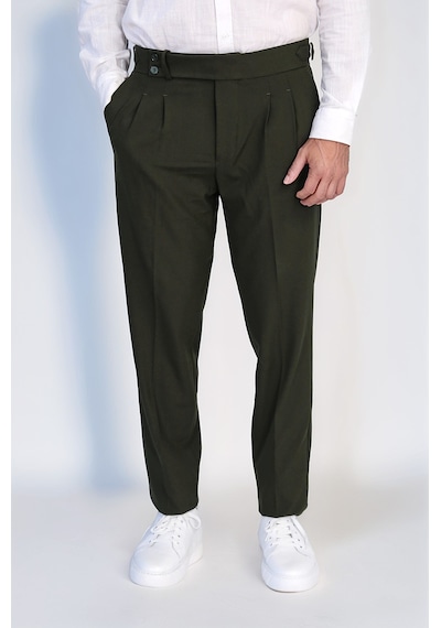 Haki Çift Pileli Tokalı Yüksek Bel Slim Fit Pantolon Wessi Yeşil