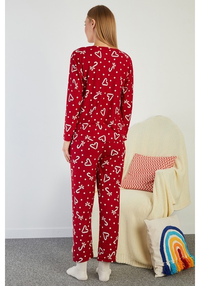 Fullamoda Puantiye Ve Kalp Desenli Bisiklet Yaka Süet Pijama Takımı Bordo