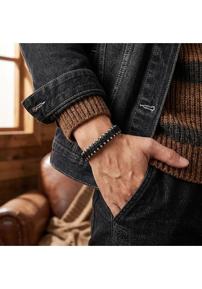 Moncuk Design Damla Çelik Siyah Zincir Deri Dolama Erkek Bileklik 33514b1d5 Çok Renkli