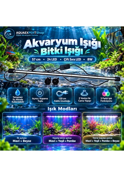 Akvaryum Işığı - Balık Işığı - Bitki Işığı - 57 Cm - 24 Led - Tamamen Su İçinde Kullanılabilir - 3 Modlu - 8w - Mükemmel Işık