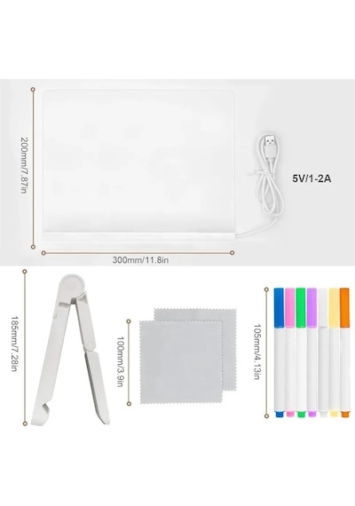 Schulzz Led Işıklı Silinebilir Boyama Ve Çizim Tahtası 7 Adet Kalem Hediyeli 30 x 20 CM Beyaz