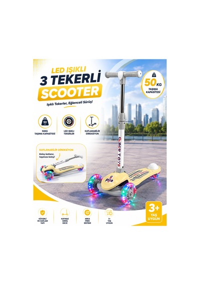 Gtpro Çocuk Scooter Katlanabilir 3+yaş 3tekerli Led Işıklı 50kğ Kapasite Sarı