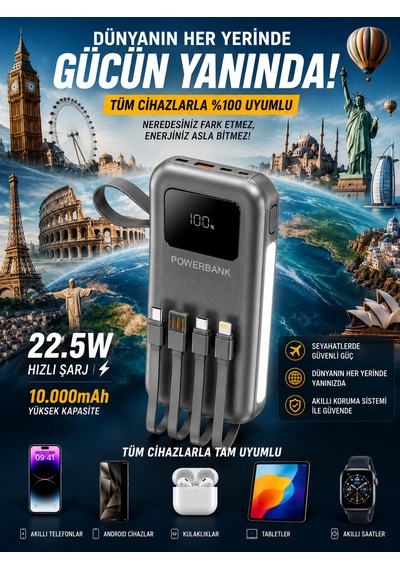 10000mah 22.5w Hızlı Şarjlı Powerbank Usb Micro Type-c Girişli Led Işıklı Kendinden Kablolu Antrasit