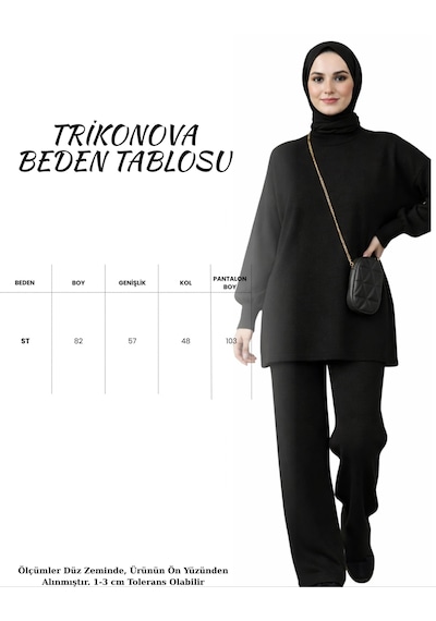 Trikonova Balon Kol Bol Paça Alt Üst Kadın Triko Tesettür Takım Siyah