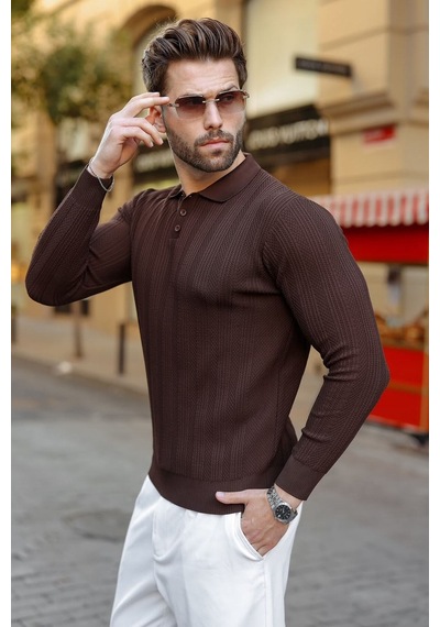 Madmext Kahverengi Düğmeli Polo Yaka Desenli Over Fit Erkek Triko Kazak E7520