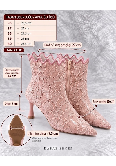 Dabab Shoes Mona Kadın Pudra Dantel İşlemeli Sivri Burun Sıcak Astarlı Fermuarlı 7 Cm İnce Topuklu Bot Bootie