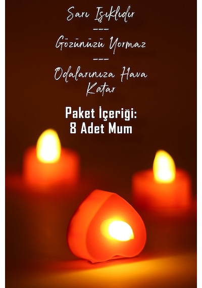 8 Adet Kalp Kırmızı Mini Led Mum Seti Pilli Dumansız Alevli Ledli Dekoratif Yapay Mum Dekor Işığı