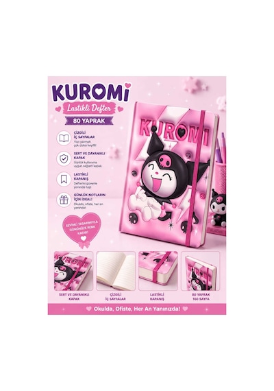 Kuromi Figürlü Lastikli Sert Kapak Defter Çizgili 80 Yaprak Çok Renkli Çok Renkli