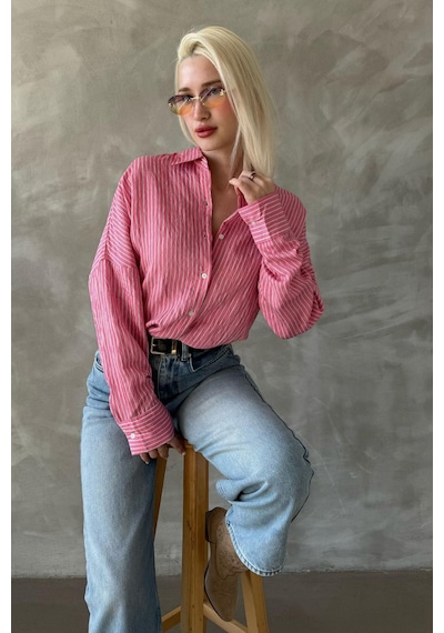 Madmext Pembe Çizgili Oversize Kadın Gömlek Mg2327 Pembe