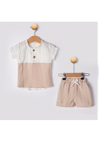 Babyhola Erkek Bebek Müslin Kumaş Şortlu Takım Yazlık Kısa Kollu 2 Li Takım 22455 Bej
