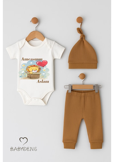 Babyden's Amcasının Aslanı Yazılı 3 Lü Bebek Takımı Kısa Kol Çıtçıtlı Body, Şapka Ve Fitilli Alt %100 Pamuk Zıbın Seti Kahverengi