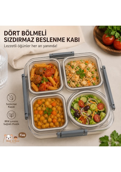 Sosluklu 4 Bölmeli Gıdaya Uygun Plastik Yemek Kabı Sızdırmaz Kapaklı Taşınabilir Diyet Beslenme Kabı 611 1800ml Açık Gri