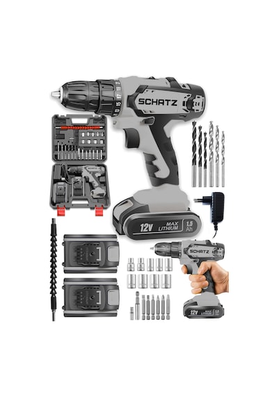 Schatz Pro 12v 1.5 Ah Darbeli Çelik Şanzıman Çift Akülü Bakır Sargılı Şarjlı Vidalama Matkap 24 Parça Gri -