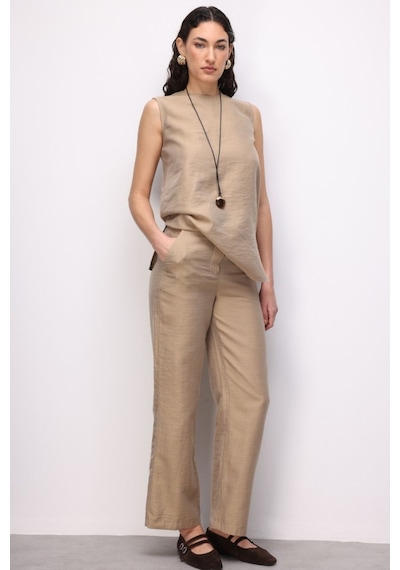 Mizalle Geniş Paça Bej Rengi Basic Pantolon Bej