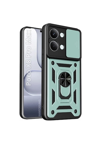 Poco X8 Pro Max Uyumlu Tank Kılıf Yüzük Standlı Extra Darbe Koruma Zırhlı Outdoor Kapak Yeşil