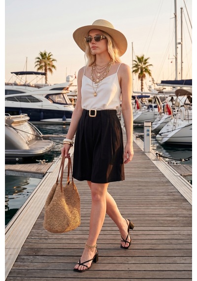 Lela Kemerli Yüksek Bel Relaxed Fit Bermuda Short Bayan Short 145m39764 Siyah