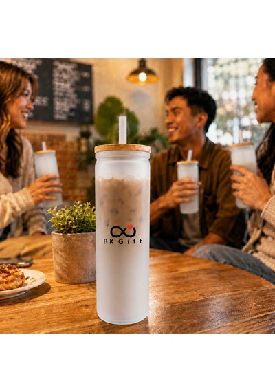 Logonuza Özel 10 Adet Plastik Pipetli Bambu Kapaklı 500 Ml Cam Suluk - Beyaz