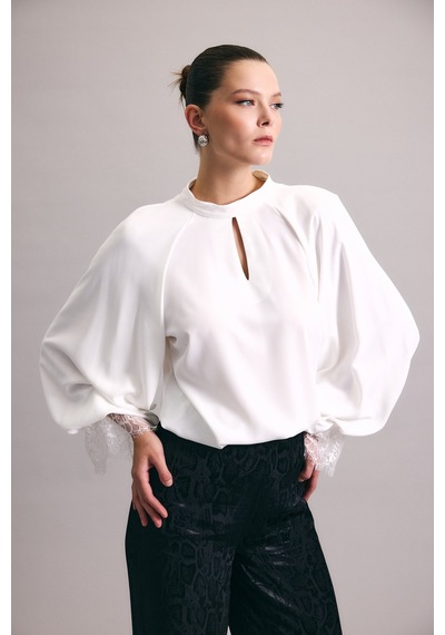 Sateen Dantel Detaylı Uzun Kollu Bluz - Ekru-137004 Ekru