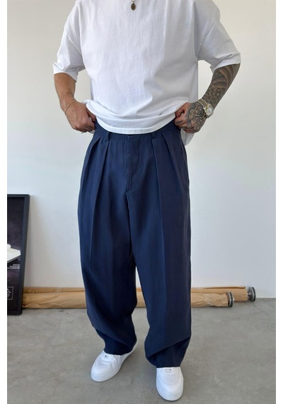 Lacivert Pileli Modal Kumaş Baggy Pantolon Lacivert