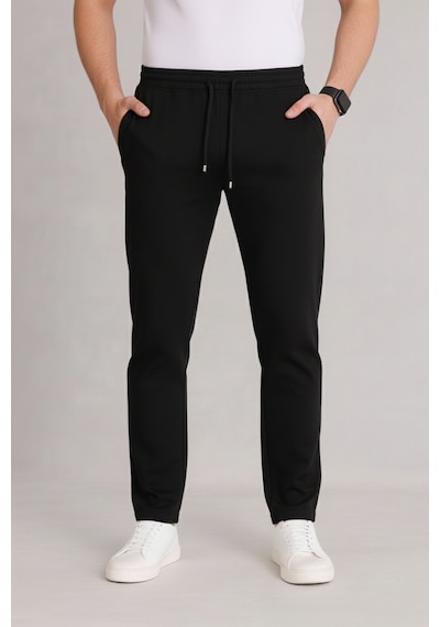 Bürke Erkek Siyah Beli Lastikli Bağcıklı Duble Paça Jogger Pantolon