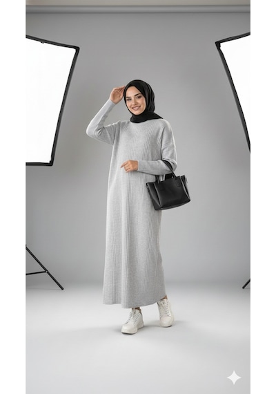 Sonbaharmoda Kadın Uzun Triko Elbise %100 Akrilik Bisiklet Yaka Rahat Ve Şık Kışlık Model Gri