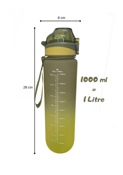 1000 Ml Plastik Motivasyon Matarası Pipetli, Kilitli Ve Taşıma Kulplu Yeşil - Koyu Yeşil