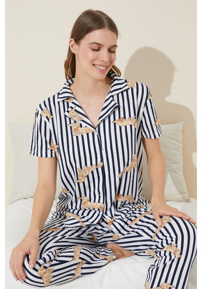 Siyah İnci Örme Düğmeli Pijama Takım 7755 Lacivert Beyaz