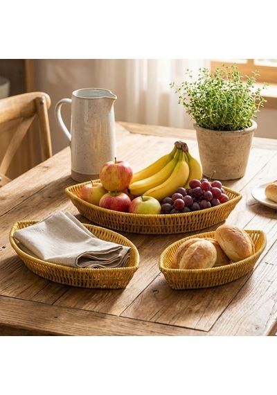 Buffer 3 Lü Kayık Formlu Plastik Rattan Sepet Seti Hasır Görünümlü Ekmek, Meyve Ve Sunum Sepetleri, Çok Amaçlı Masaüstü Kahverengi