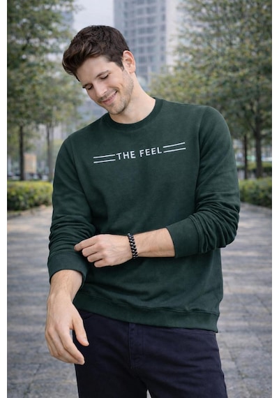 The Feel Rio Erkek Dar Kesim Flim Fit Bisiklet Yaka Desenli Kazak Haki