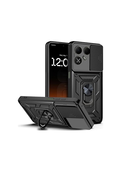 Tecno Pova 8 Uyumlu Kamera Korumalı Sürgülü Yüzüklü Standlı Kapak Siyah