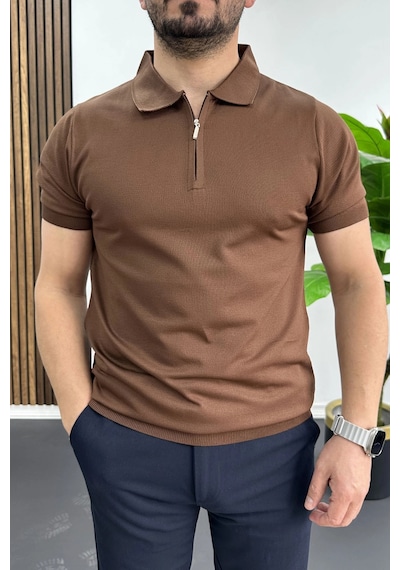Erkek Polo Yaka Düz Tişört Kahverengi Edw455 Kahverengi