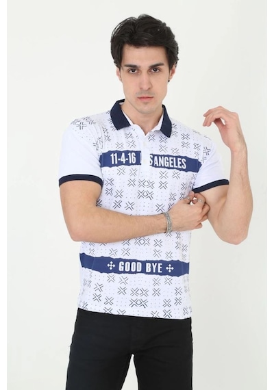 Erkek Polo Yaka Tişört Slim Fit Baskılı Kısa Kol T-shirt - Beyaz