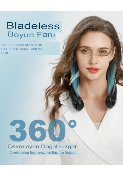 4000 Mah Şarjlı Boyun Askılı Kanatsız Vantilatör 3 Kademeli Sessiz Fan