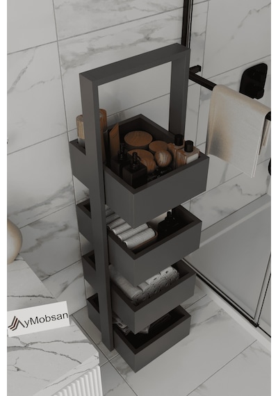 Multi Çok Amaçlı Banyo Rafı, Sepetli Çok Amaçlı Raf, 4 Raflı 120 Cm, Antrasit Antrasit