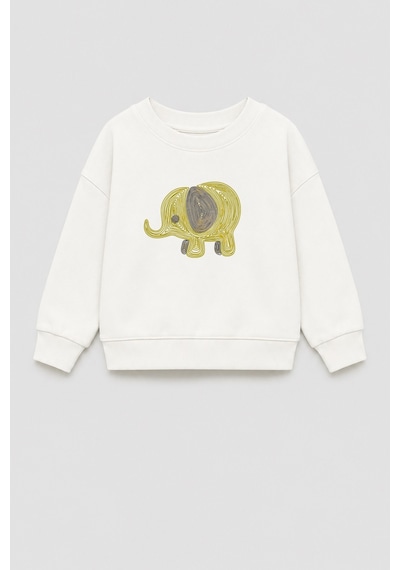 Monila Unisex Çocuk 3 İplik Kumaş Pamuklu Fil Baskılı Sweatshirt Ekru
