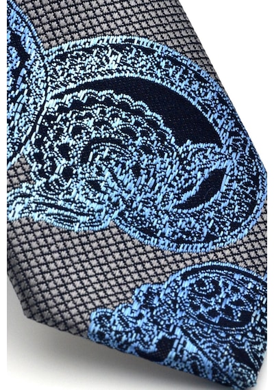 Gaffy Mavi Lacivert Şal Desenli Gri Dokuma Kumaş Mendilli Slim Fit Kravat // Sdk-240115 Çok Renkli