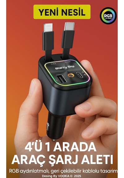 66w Araç Şarj Adaptörü Type-c + Lightning Makaralı Kablo, Usb + Type-c Girişli, Hızlı Şarjlı