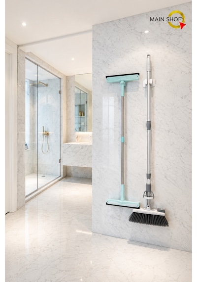 Mainshop 2 Li Paket Yapışkanlı Mop Süpürge Tutucu - Delmesiz Paspas Askısı M-310 Beyaz