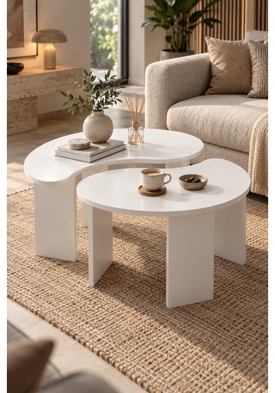 Sulorahome 2'li Oval Modern Orta Sehpa Seti Beyaz