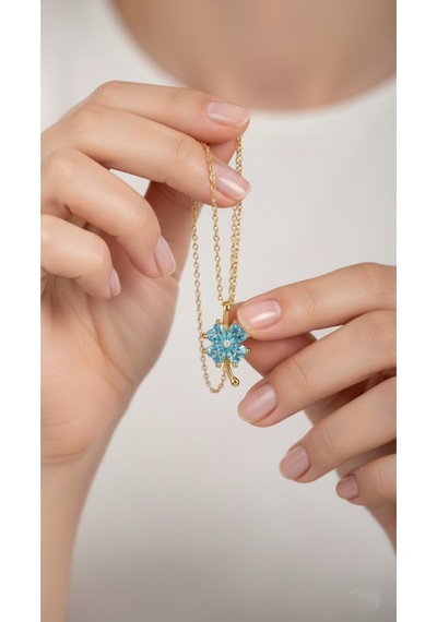 Çekirdekjewelry 925 Ayar Gümüş Akuamarine Taşlı Yonca Kolye Sarı