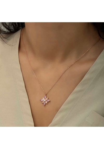 Gümüş Pembe Taşlı Umut Çiçeği Kolye (551183193)