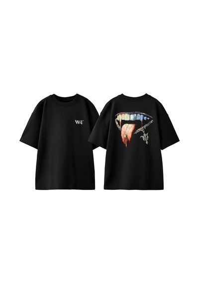 Thewert Gümüş Dudak Tasarım Sırt Baskılı Pamuk Siyah Oversize T-shirt
