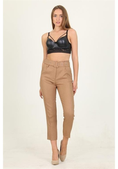 Neşeli Butik Kadın Camel Cepli Kemer Detaylı Kumaş Pantolon Qns026 Camel