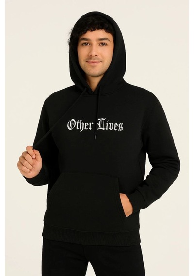 Vinevesta Erkek Kapüşonlu Kanguru Cepli Sweatshirt 3 İplik Pamuklu Baskılı Hoodie - Siyah Çok Renkli