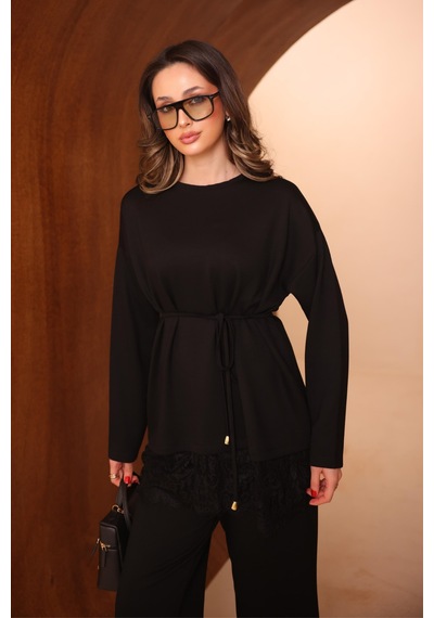 Balenbi Kadın Oysh Modal Kumaş Dantel Detaylı Kuşaklı Tunik Pantolon Tesettür Takım 1229 Siyah Balenbi Kadın Oysh Modal Kumaş Dantel Detaylı Kuşaklı Tunik Pantolon Tesettür Takım 1229 Siyah