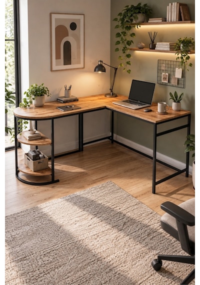 Sulorahome Tipi Köşe Çalışma Masası 2 Raflı Atlantik Çam